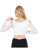 Poly USA T15 - Off White Lace Cold Shoulder Crop Top With Long Sleeves Back View