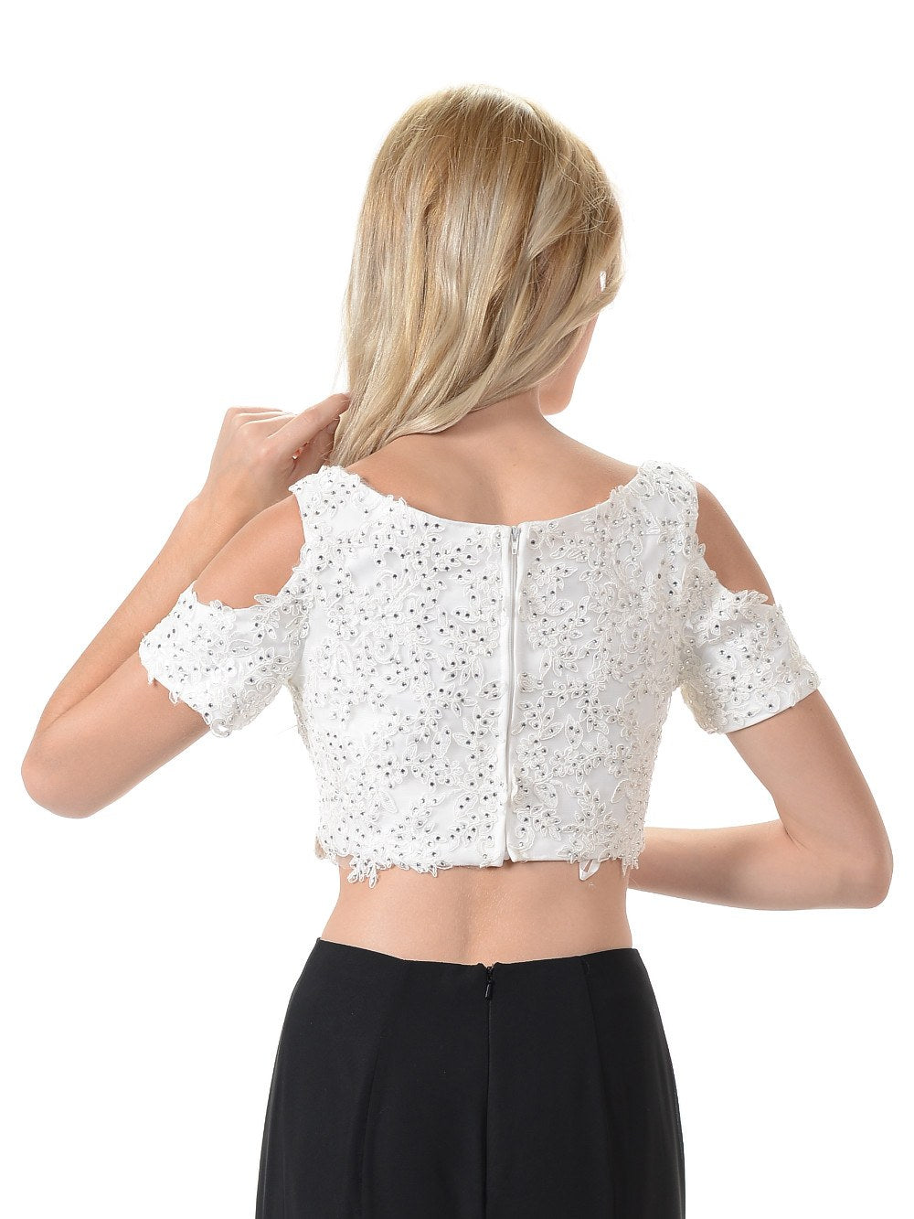 Poly USA T19 - Off White Cold Shoulder Lace Crop Top With Short Sleeves Back View