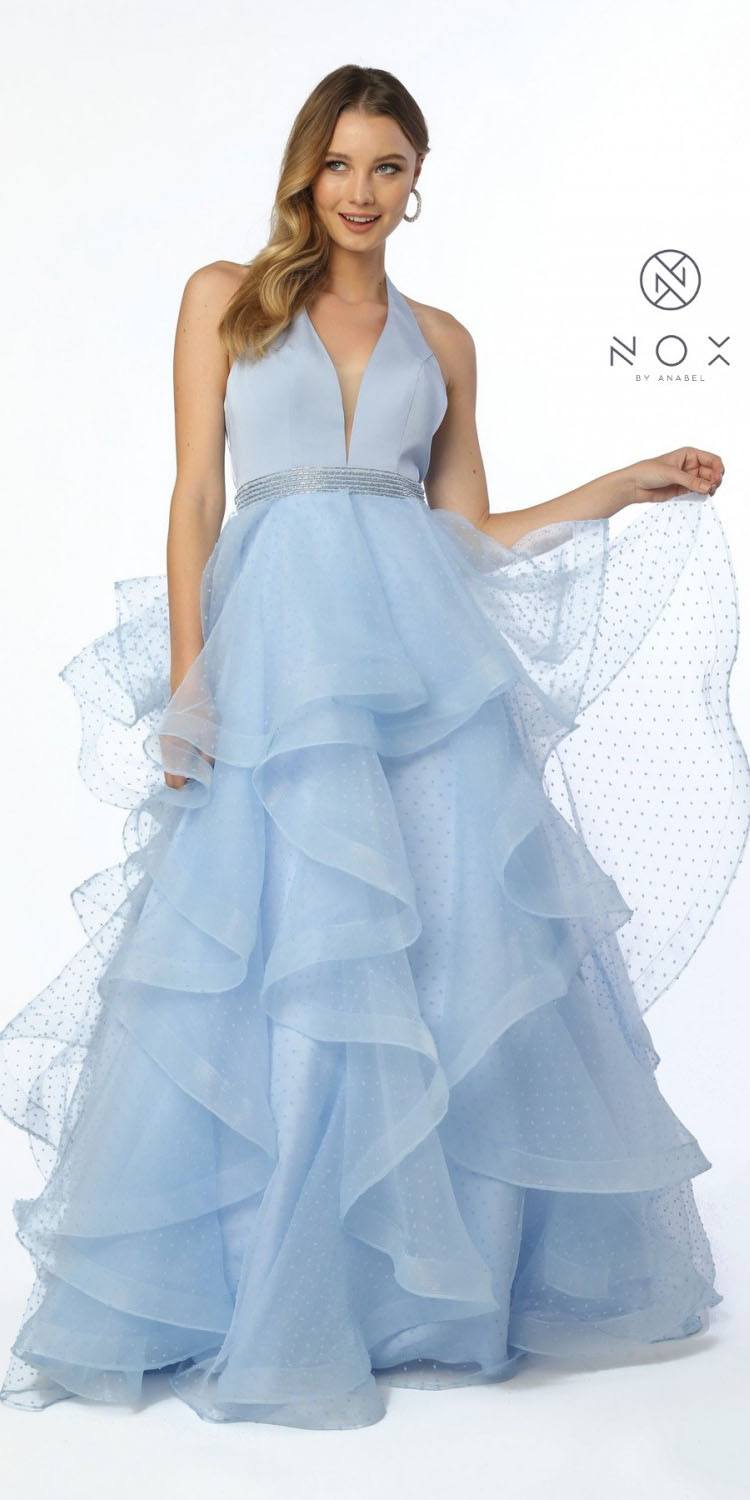 Nox Anabel T256 Tiered Halter Long Prom Dress Embellished Waist Lemon