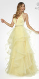 Tiered Halter Long Prom Dress Embellished Waist Lemon