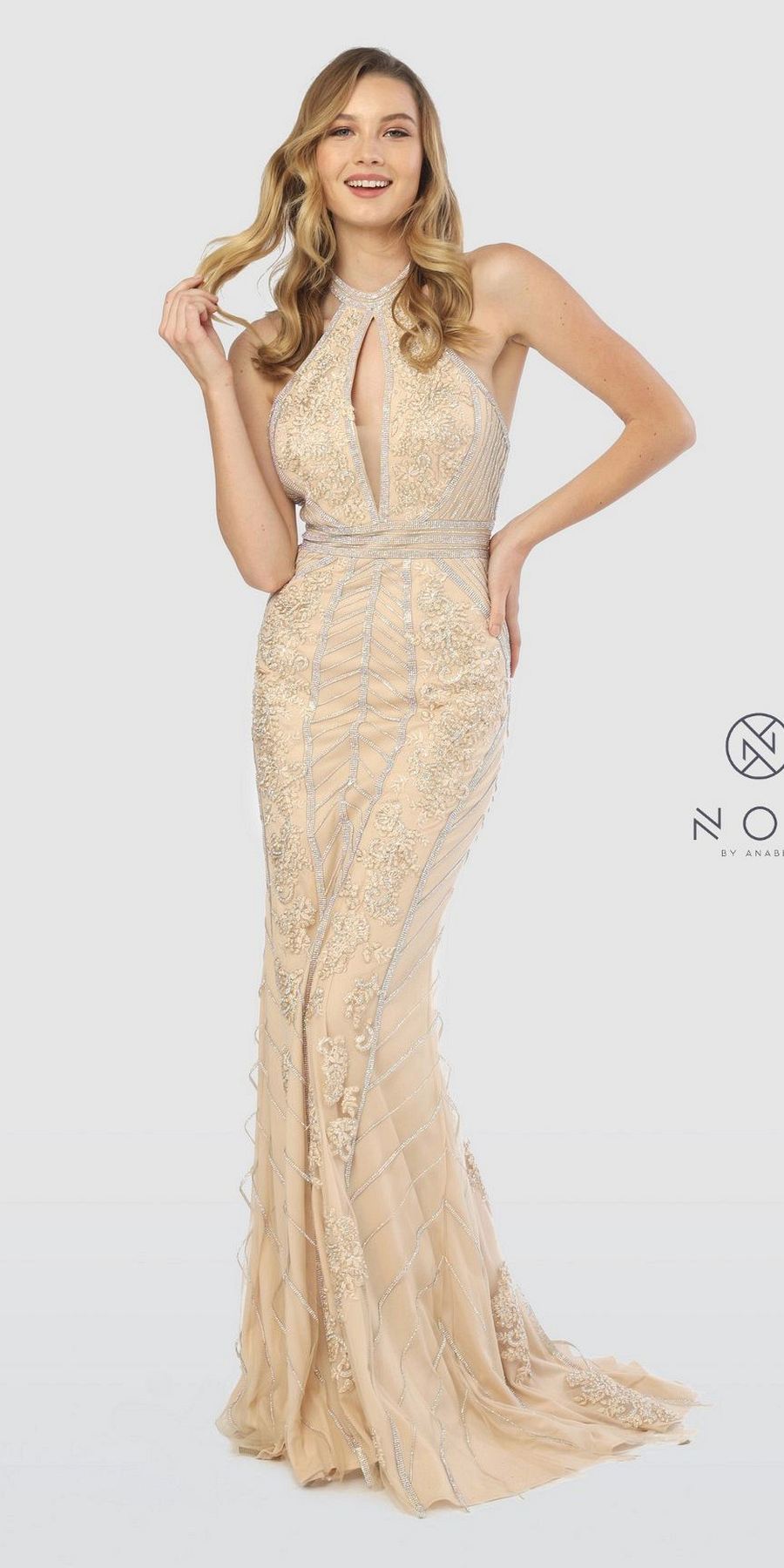 Gold Appliqued Long Prom Dress with Keyhole Bodice