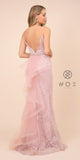 Ruffled-Back Rose Fit and Flare Long Formal Dress