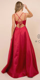 Nox Anabel T406 Floor Length Satin A-Line Prom Gown Burgundy With Pockets