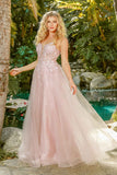 Nox Anabel T449 Floral Embellished Beaded Bodice Blush A-Line Ball Gown