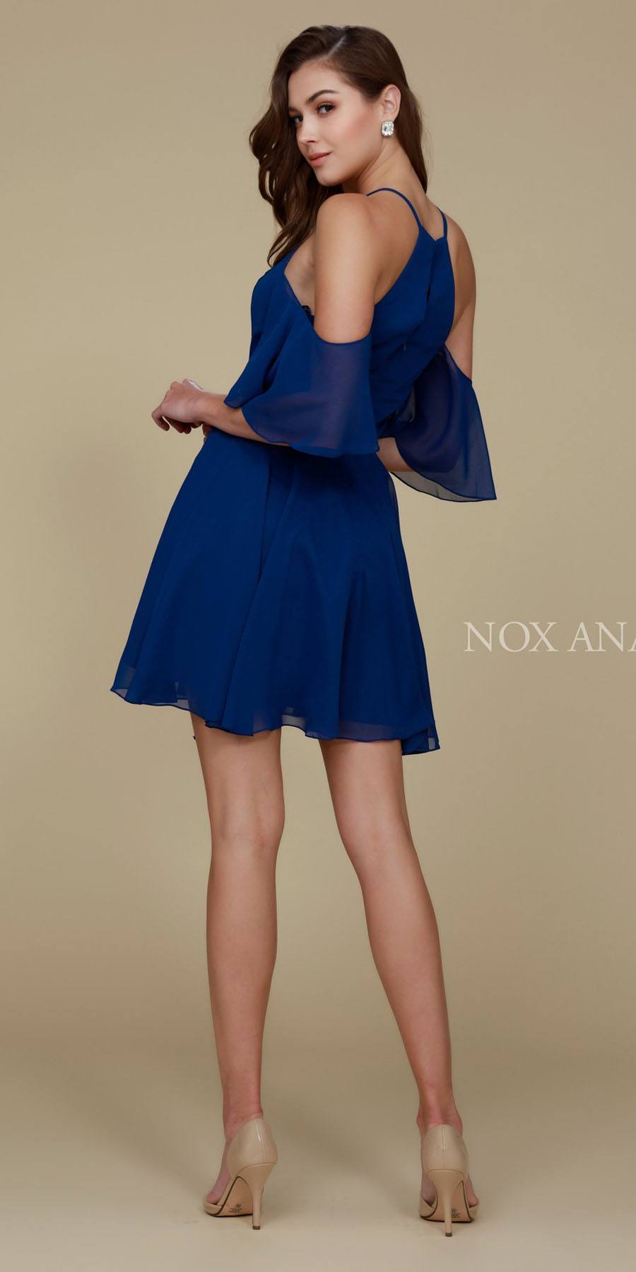 Cold Shoulder Mid Length Sleeve Short Party Dress Navy Back View