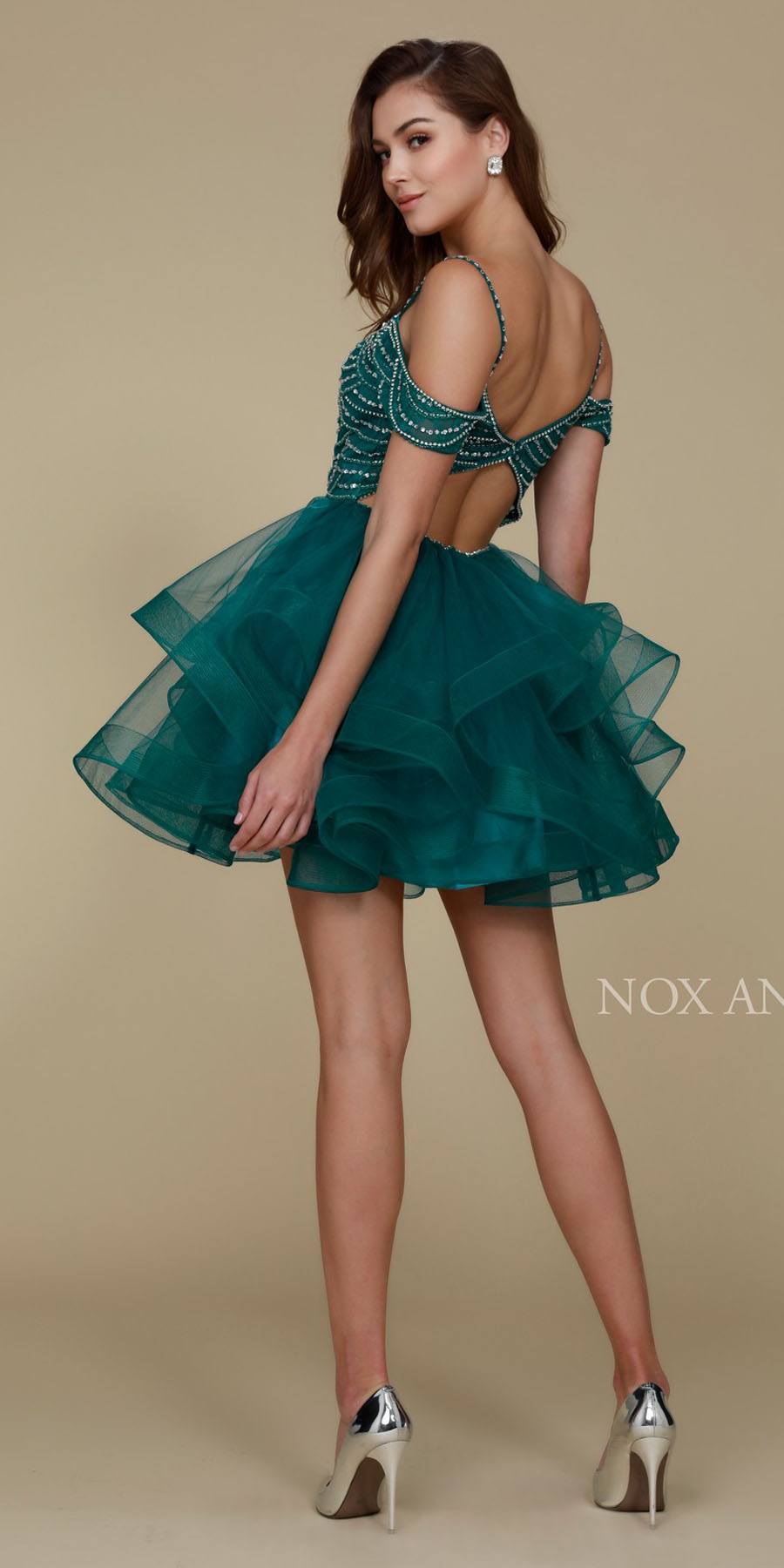 Short Poofy Homecoming Dress Green Cold Shoulder Strap Back View