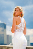 Nox Anabel W901 High-Neck Lace Appliqued Long Wedding Dress with Train
