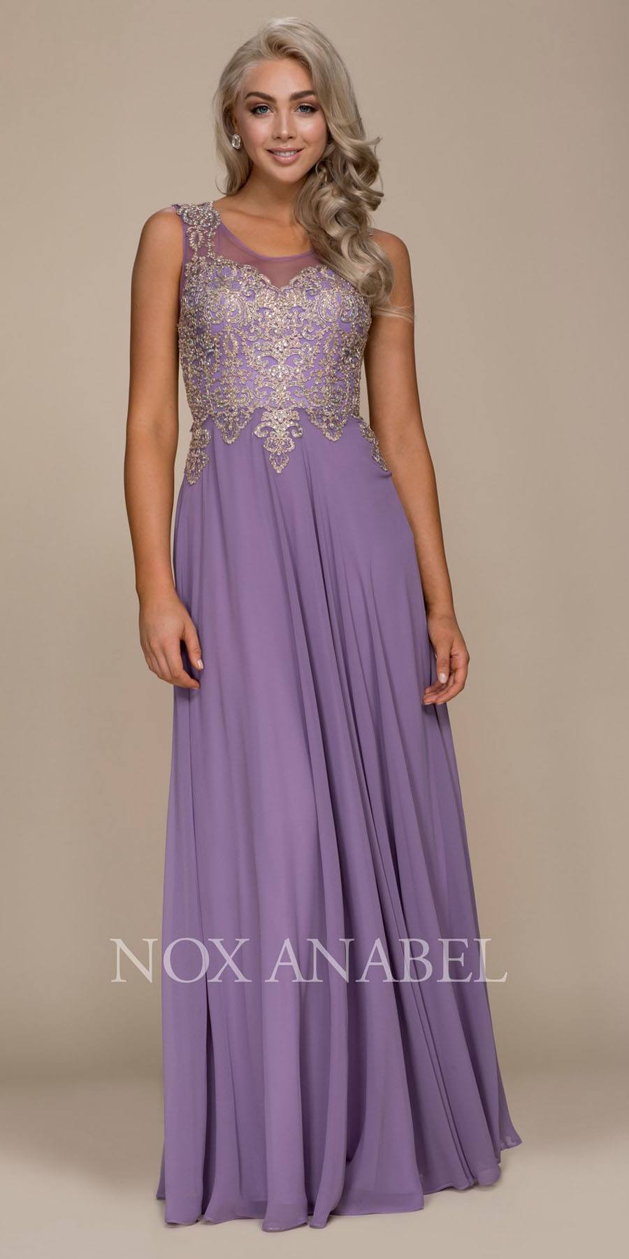 Sleeveless Long Formal Dress Embroidered Bodice L.Plum-Silver