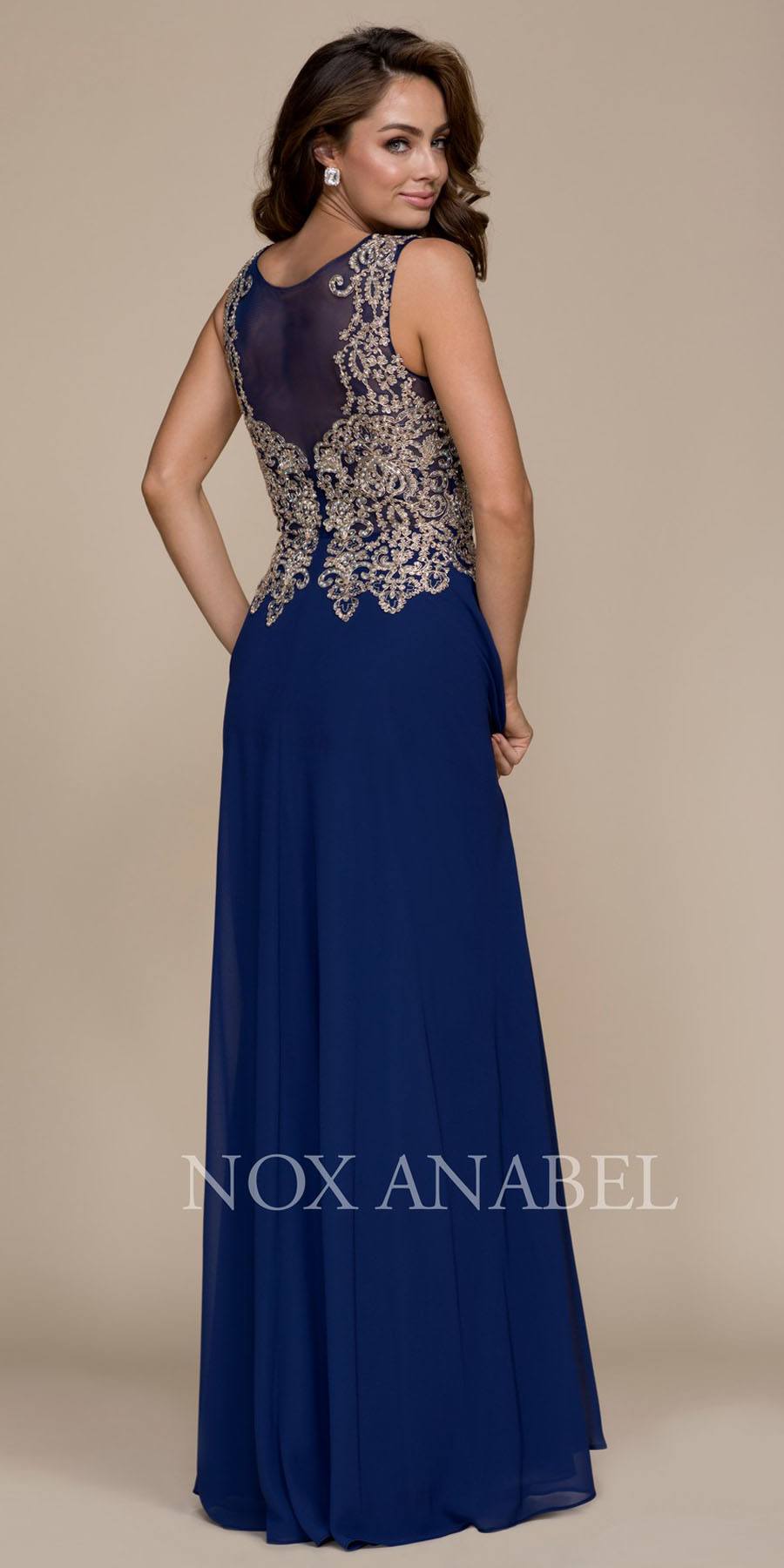 Sleeveless Long Formal Dress Embroidered Bodice Navy Blue-Gold