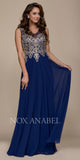Sleeveless Long Formal Dress Embroidered Bodice Navy Blue-Gold