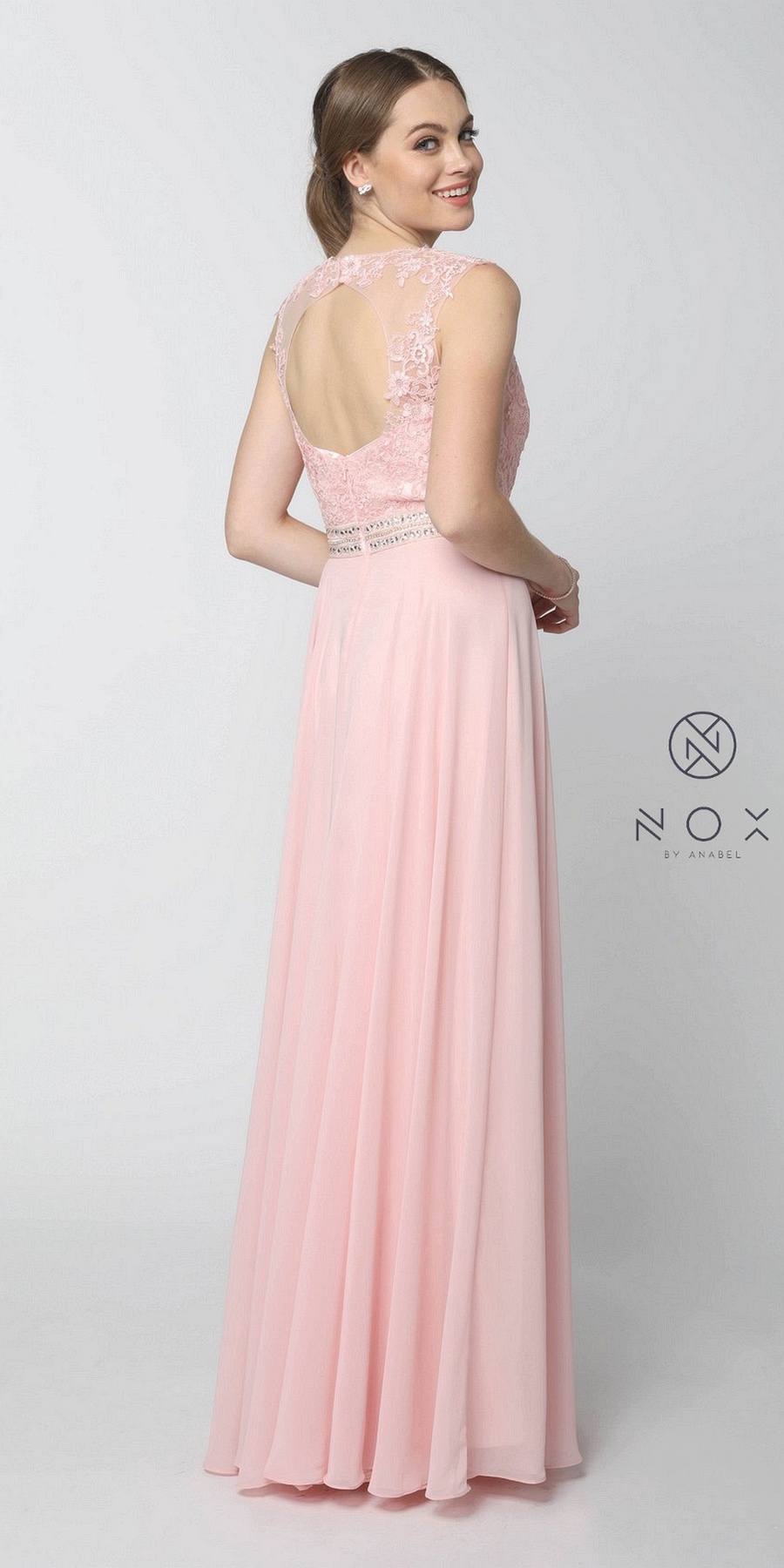 Nox Anabel Y101 Blush A-line Long Formal Dress Lace Bodice Keyhole Back