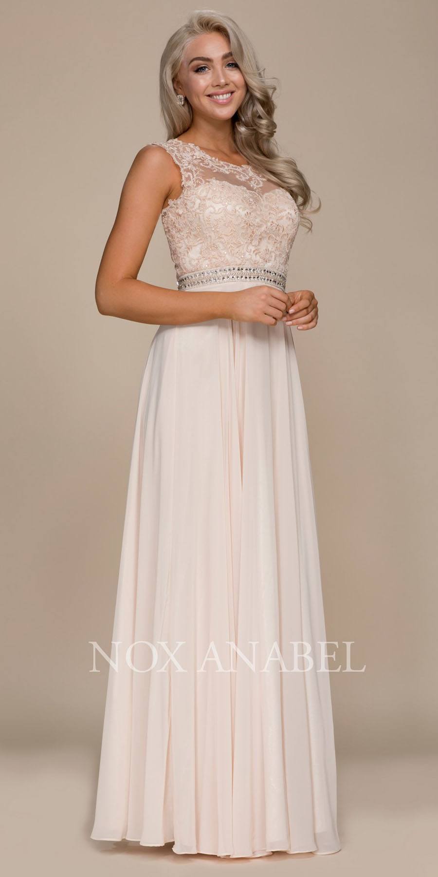 Nox Anabel Y101 Champagne A-line Long Formal Dress Lace Bodice Keyhole Back