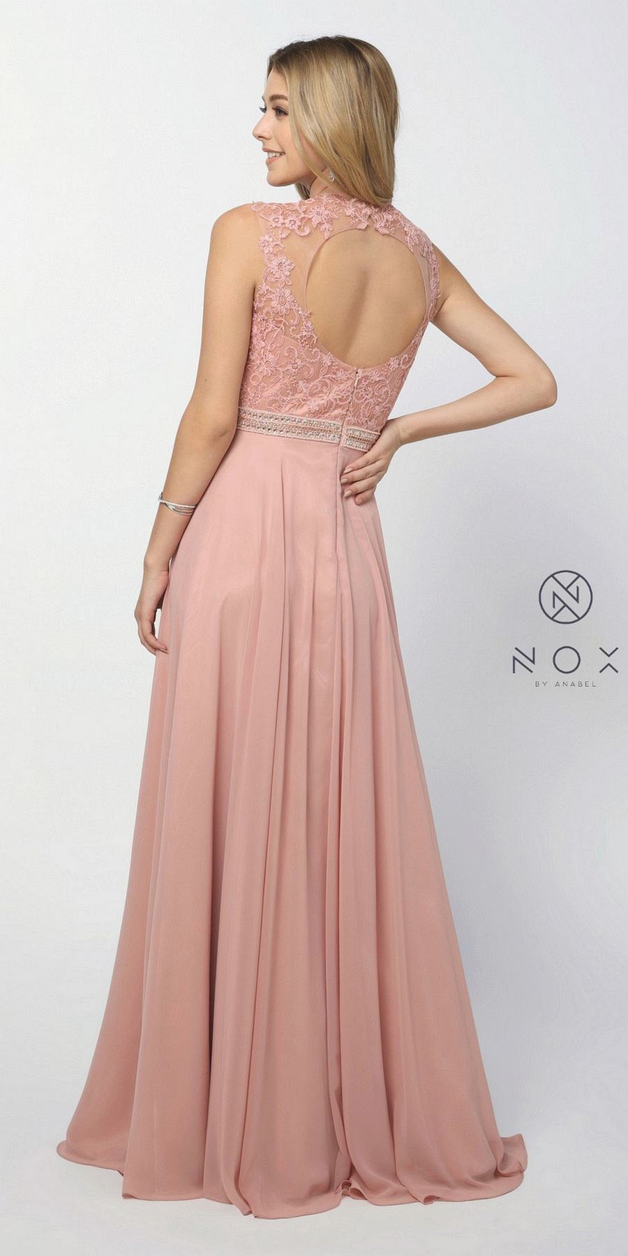 Nox Anabel Y101 Rose A-line Long Formal Dress Lace Bodice Keyhole Back
