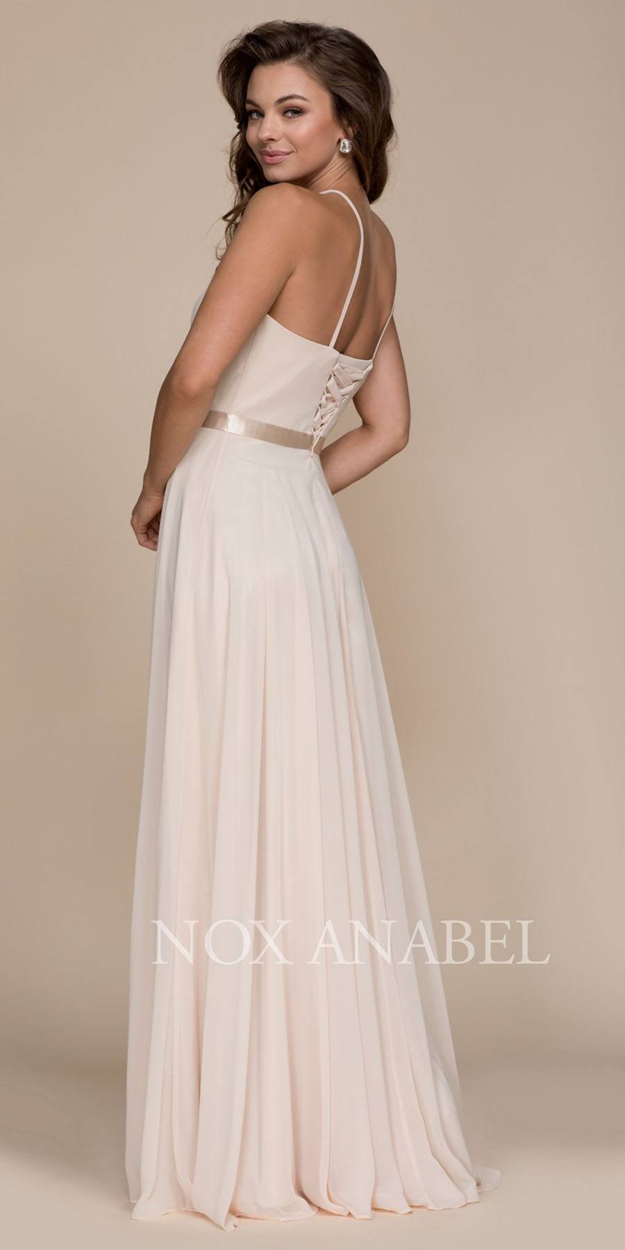 Champagne Halter A-line Bridesmaid Gown Corset Lace Up Back