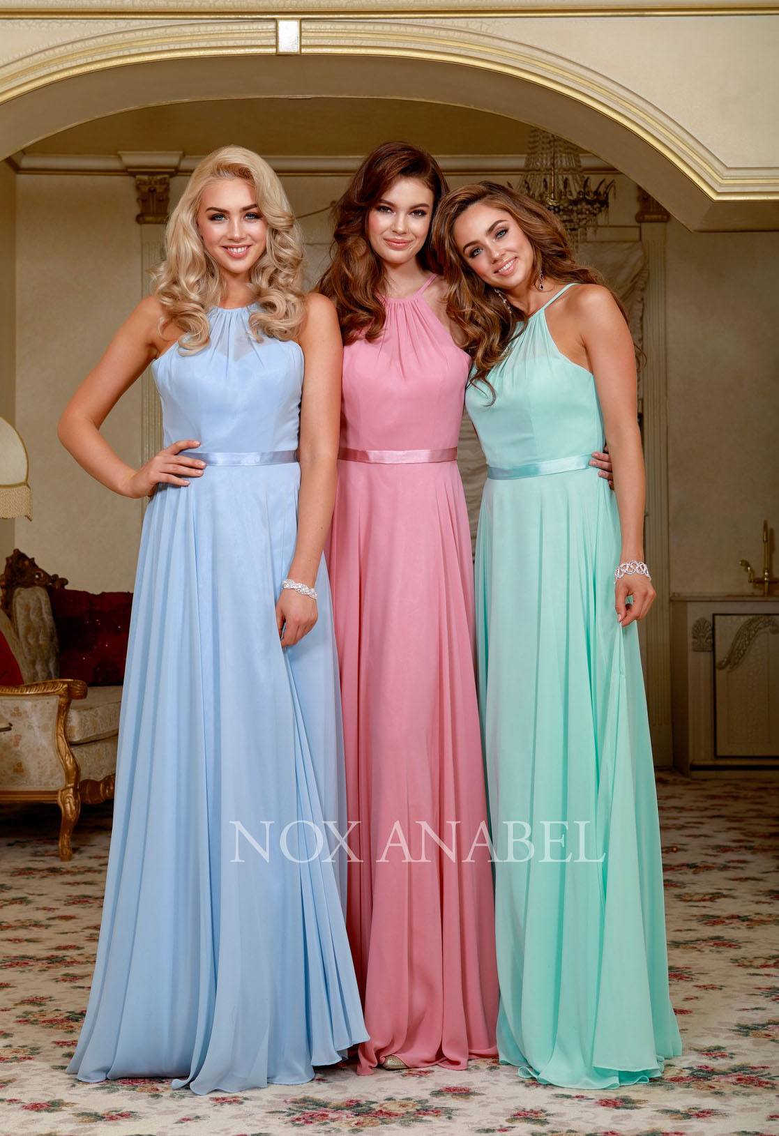 Ice Blue Halter A-line Bridesmaid Gown Corset Lace Up Back