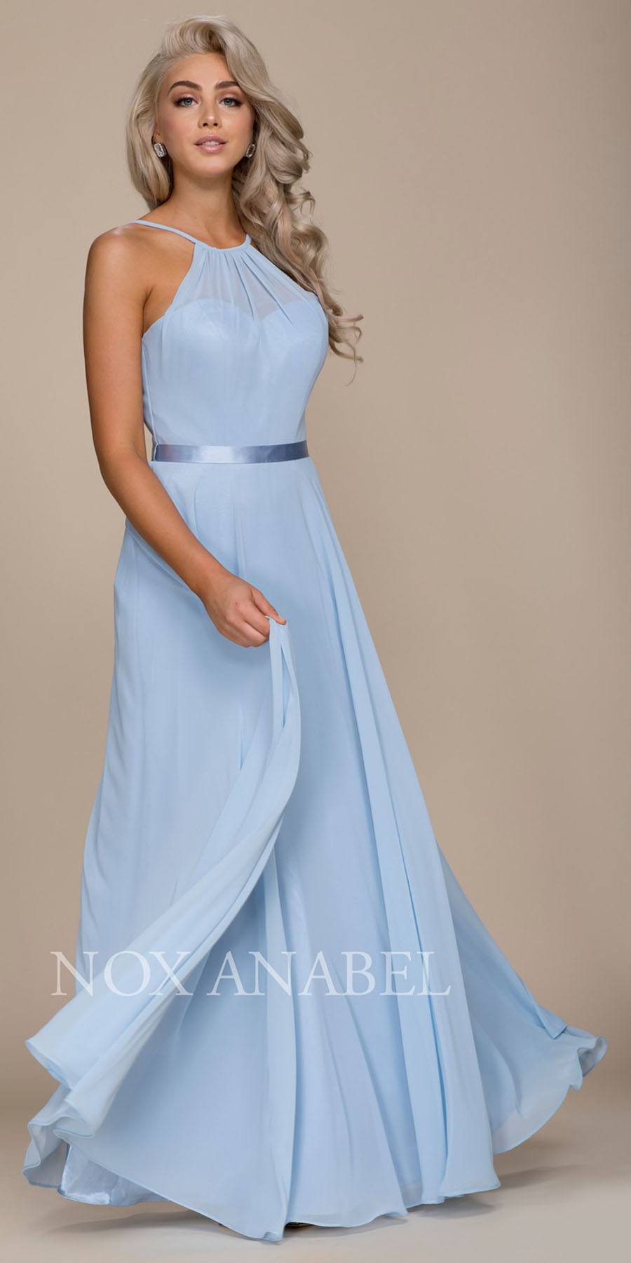 Ice Blue Halter A-line Bridesmaid Gown Corset Lace Up Back