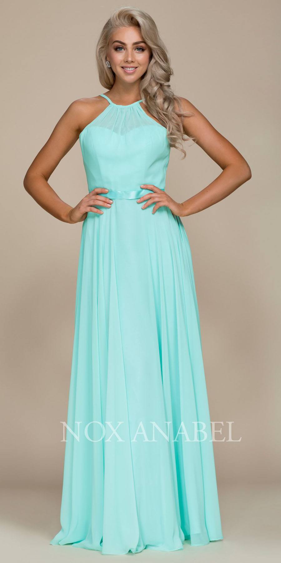 Mint Green Halter A-line Bridesmaid Gown Corset Lace Up Back