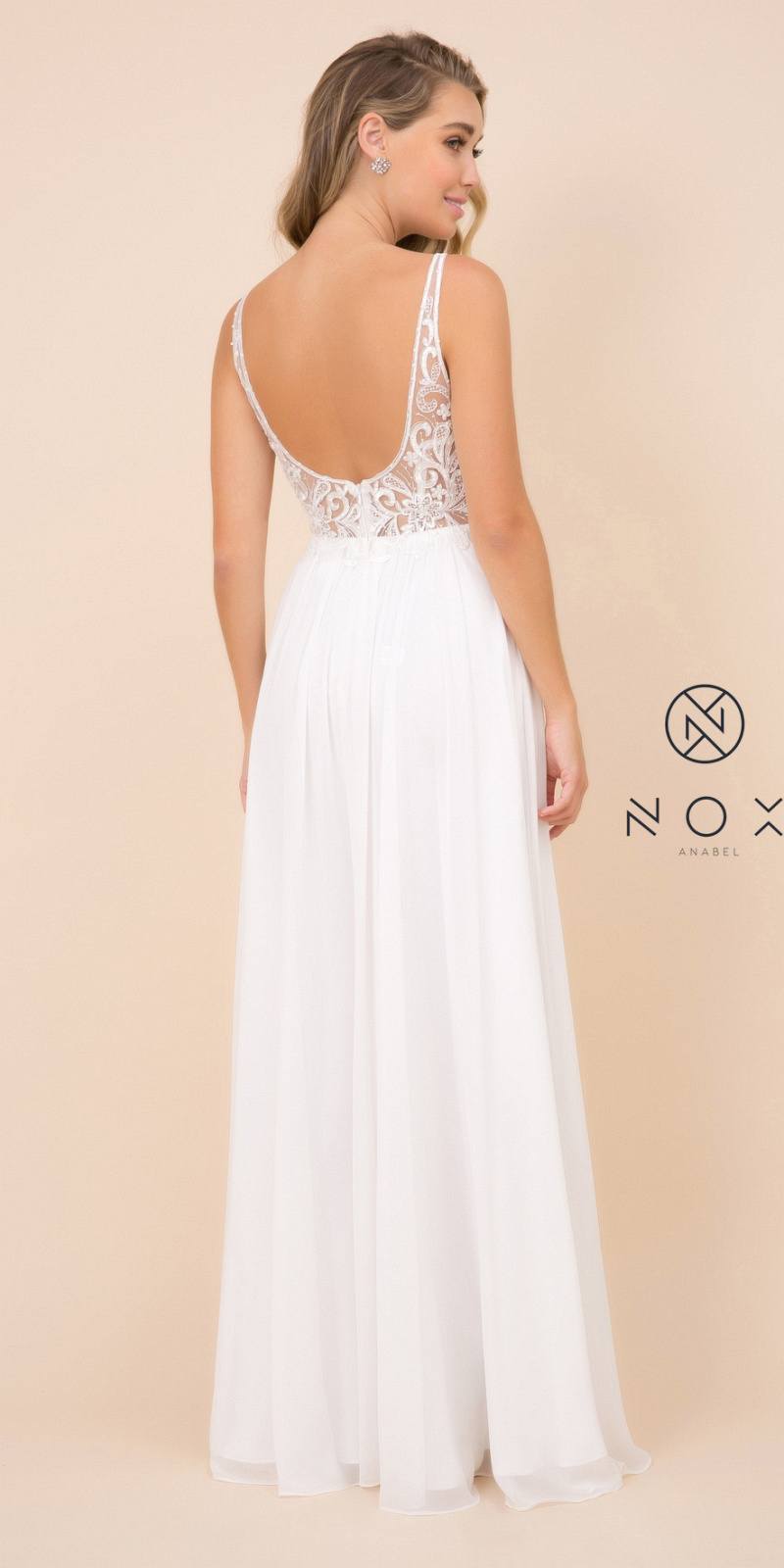 Nox Anabel Y299 A-Line Long Formal Dress with Slit Beaded Bodice White
