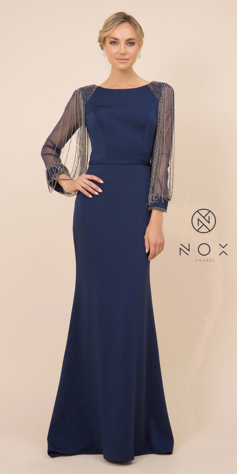 Nox Anabel Y410 Floor Length Evening Gown Navy Blue Fringe Beaded Long Sleeves