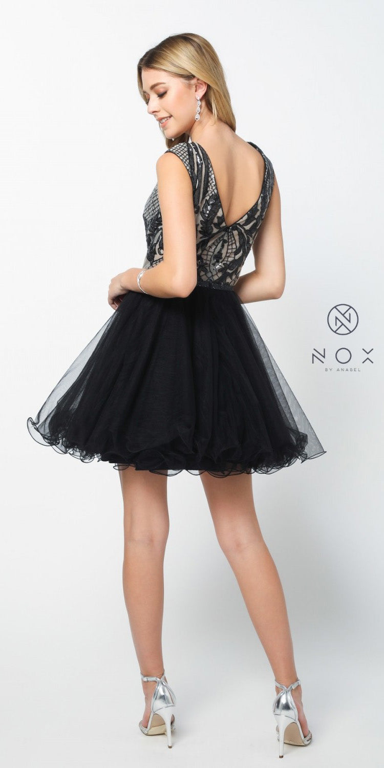 Nox Anabel Y645 Poofy Black Homecoming Dress Cap Sleeve Sequins