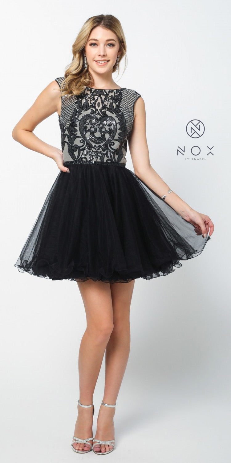 Nox Anabel Y645 Poofy Black Homecoming Dress Cap Sleeve Sequins