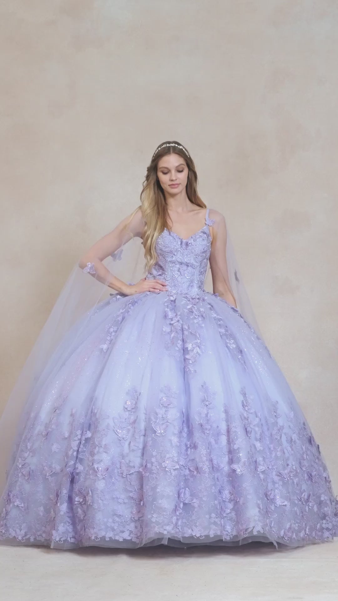 Juliet 1442 Long 3D Butterfly Appliques Strapless Bodice Cape Quinceanera Dress