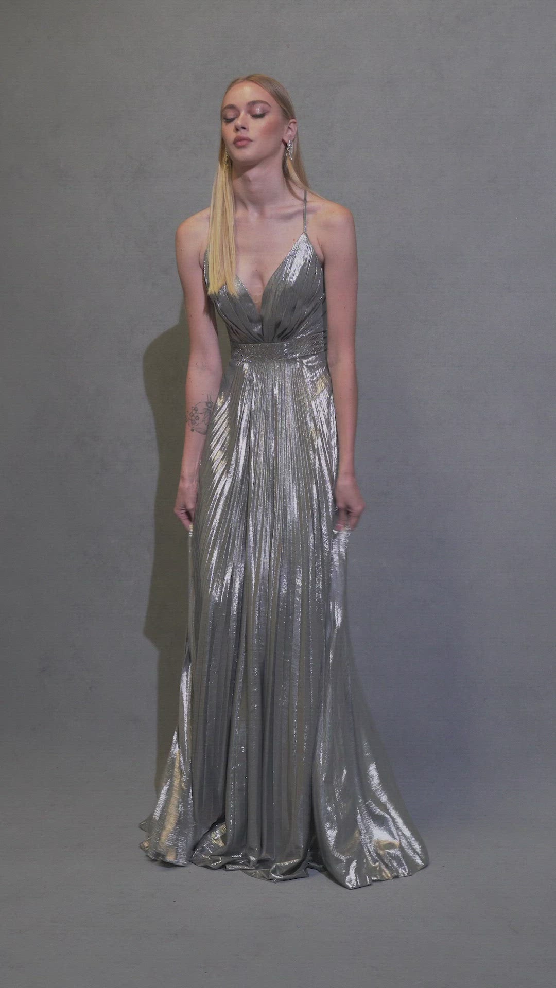 Juliet 226 Metallic Pleated Long Dress A-Line Lace-Up Back