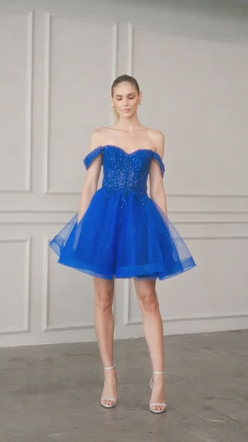 Juliet 880 Glitter Tulle A-Line Cold-Shoulder Homecoming Dress.