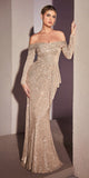 Ladivine CH135 Long Sequin Off the Shoulder Long Sleeve Gown