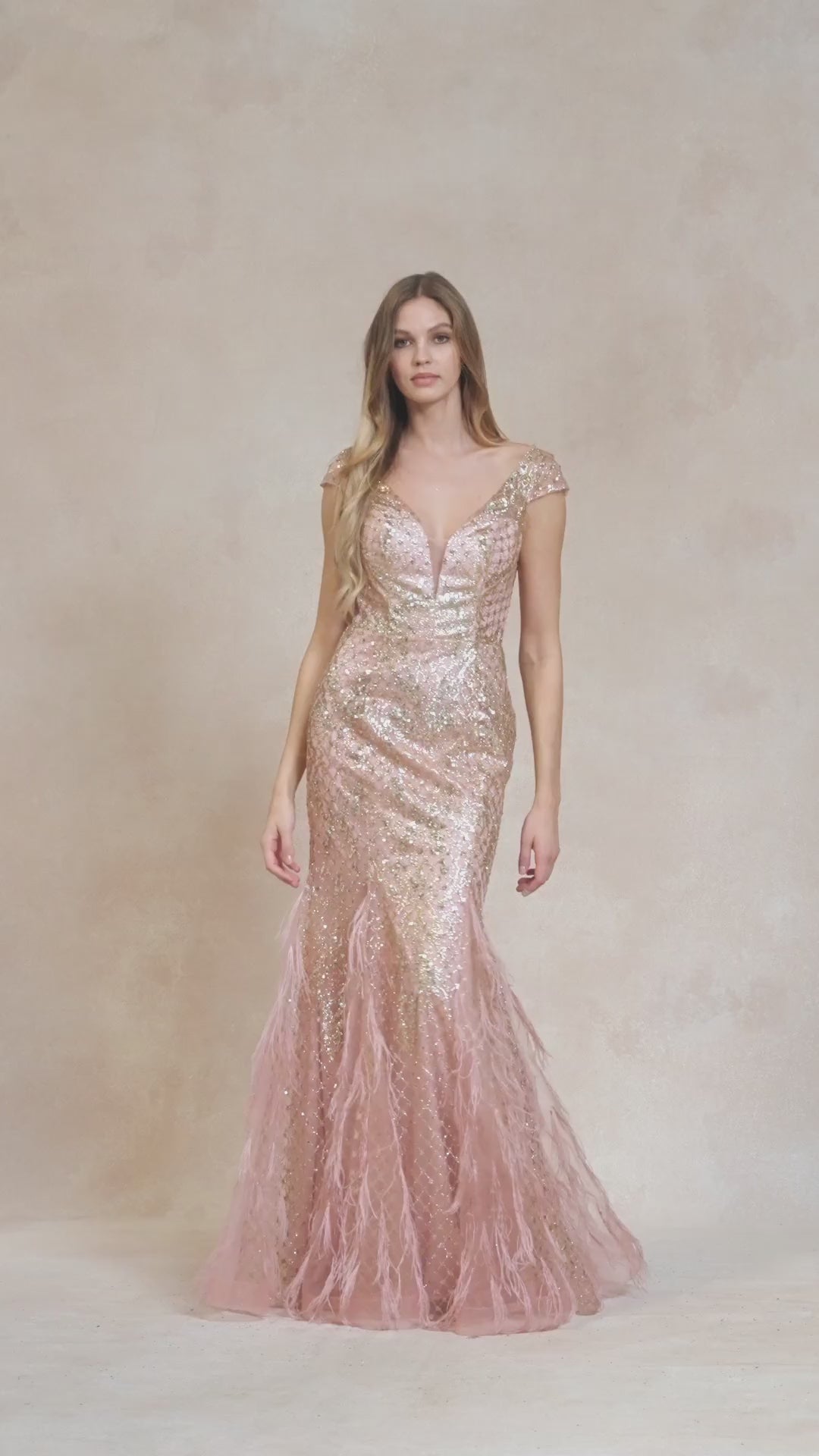 Juliet 286 Floor Length Feather Skirt Embellished Fitted Prom Dress