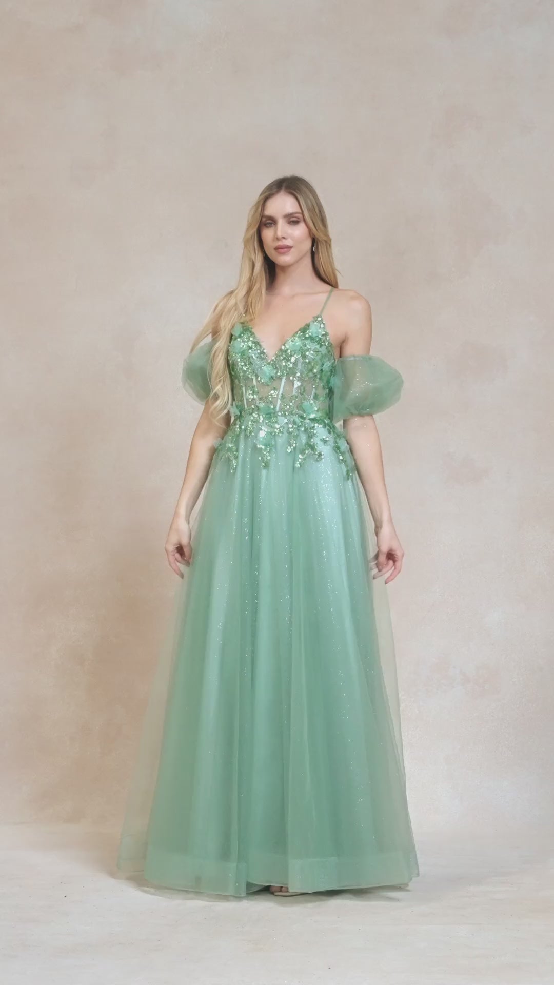 Juliet 2401 Floor Length A-Line Tulle Gown with Detachable Puff Sleeves