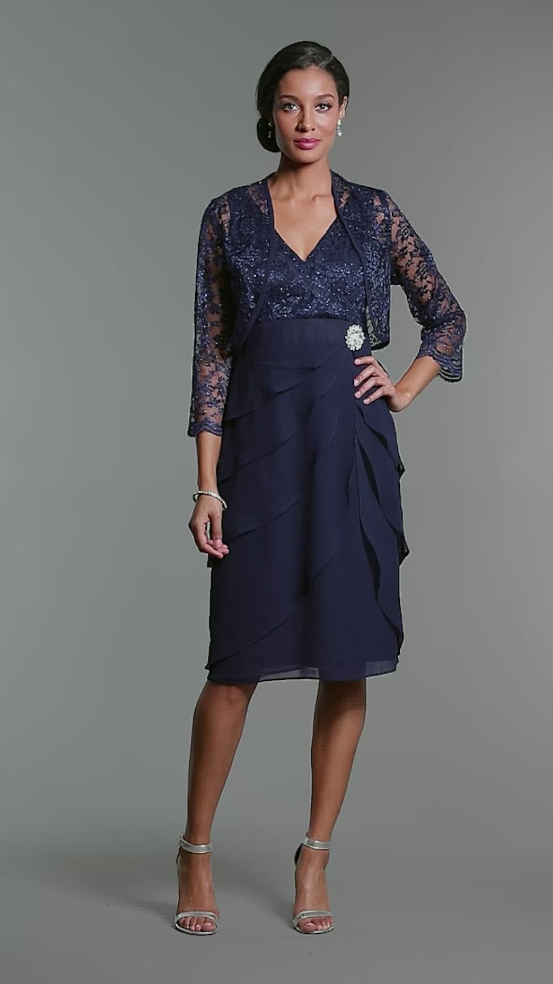 Sally Fashion 8723 Short Formal Dress V-Neck Lace Chiffon 3/4 Sleeve Jacket