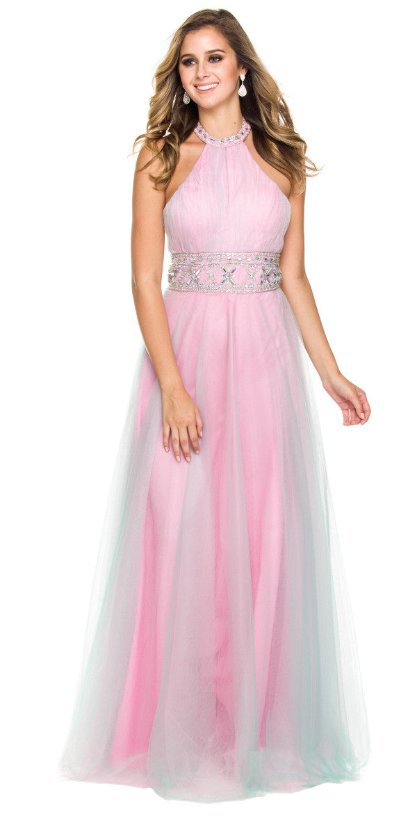 High Neck Halter Prom Ball Gown Pink Mint A Line Beaded Waist
