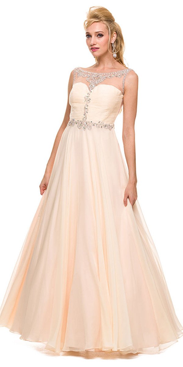 Formal A Line Prom Gown Nude Chiffon A Line Bateau Neck