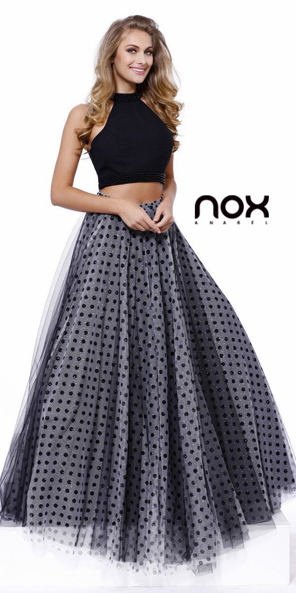 Black Polka Dot Skirt Two Piece Long Formal Dress Sleeveless