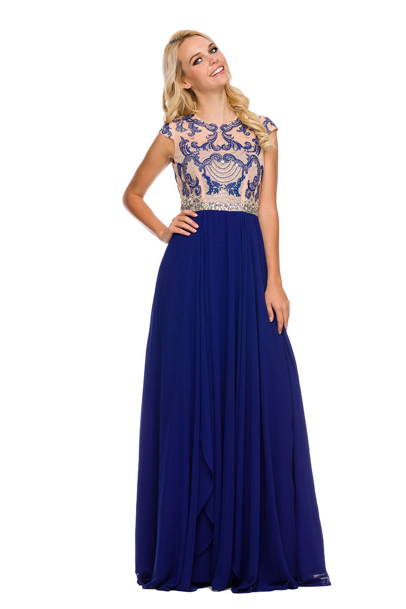 Gorgeous Chiffon A Line Prom Gown Royal Blue Cap Sleeves