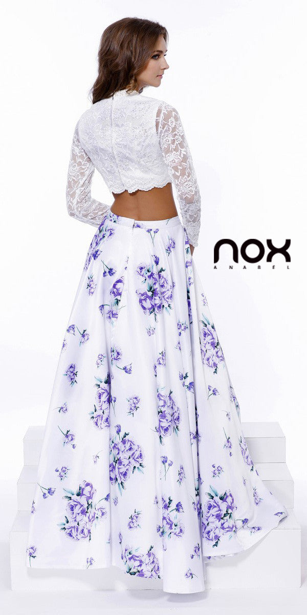 High Neck Two Piece Floor Length Print Dress Long Sleeve Lace