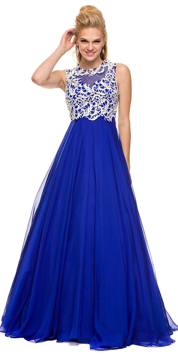 Lace Bodice Floor Length Prom Gown Royal Blue Empire Chiffon A Line