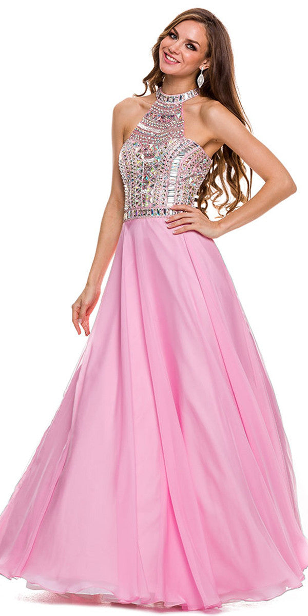 Long Pageant Gown Baby Pink High Neckline Chiffon Jewel Bodice