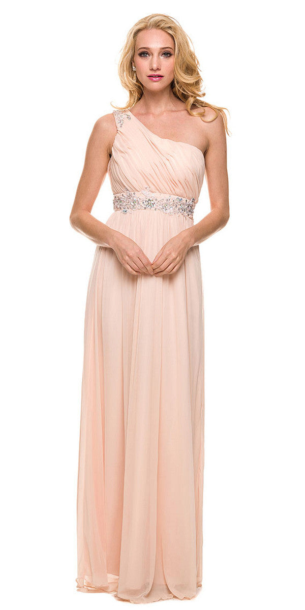 One Strap Nude Prom Gown Chiffon Ruched Top Beaded Waist