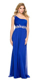 One Strap Royal Blue Prom Gown Chiffon Ruched Top Beaded Waist