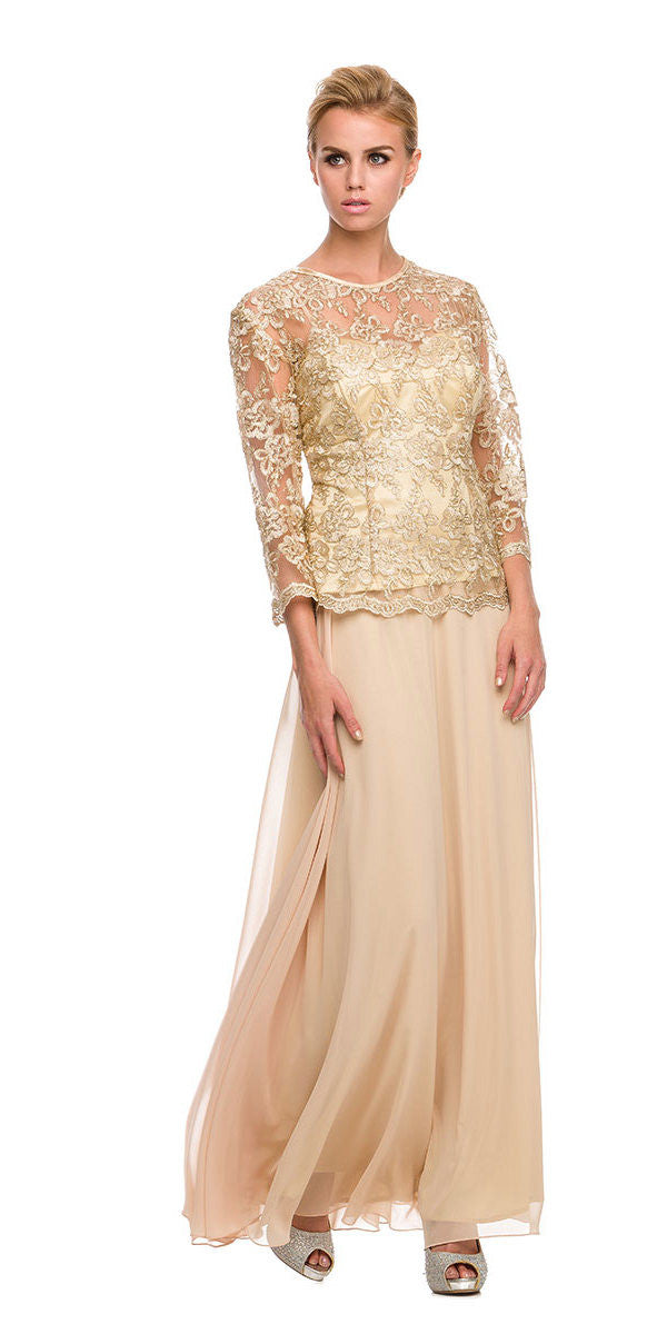 Plus Size Illusion Neck Formal Dress Gold Long Sleeve