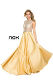 Sheer Embellished Bodice Prom Gown Gold Satin Skirt