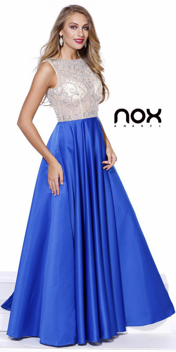 Sheer Embellished Bodice Prom Gown Royal Blue Satin Skirt