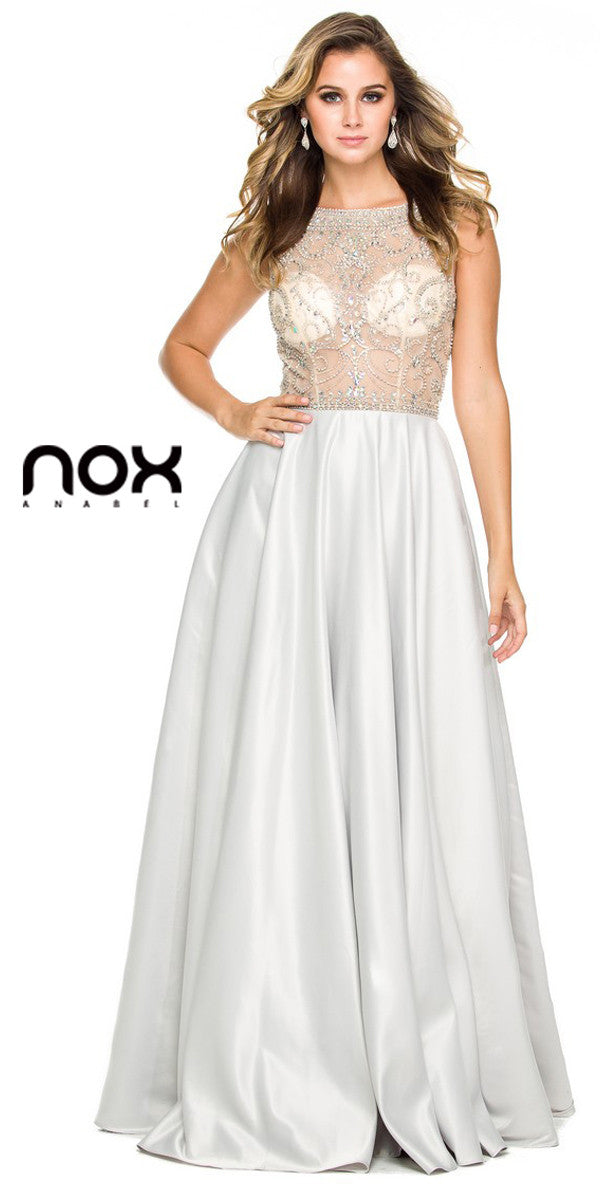 Sheer Embellished Bodice Prom Gown Silver Satin Skirt
