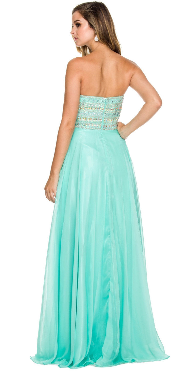 Strapless Prom Gown Mint Green Long Chiffon A Line Stone Bodice