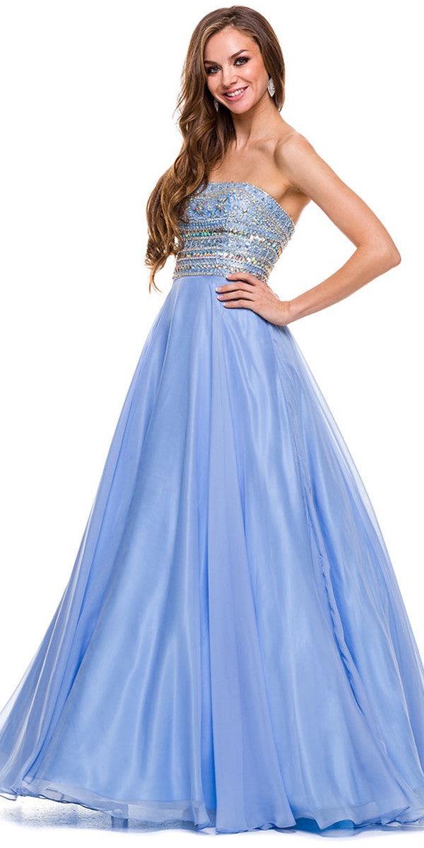 Strapless Prom Gown Periwinkle Long Chiffon A Line Stone Bodice