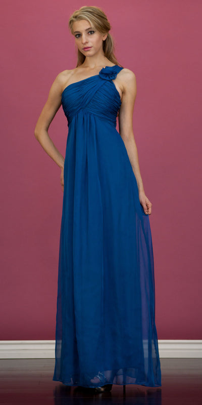 Red One Shoulder Bridesmaid Dress Long Chiffon Empire