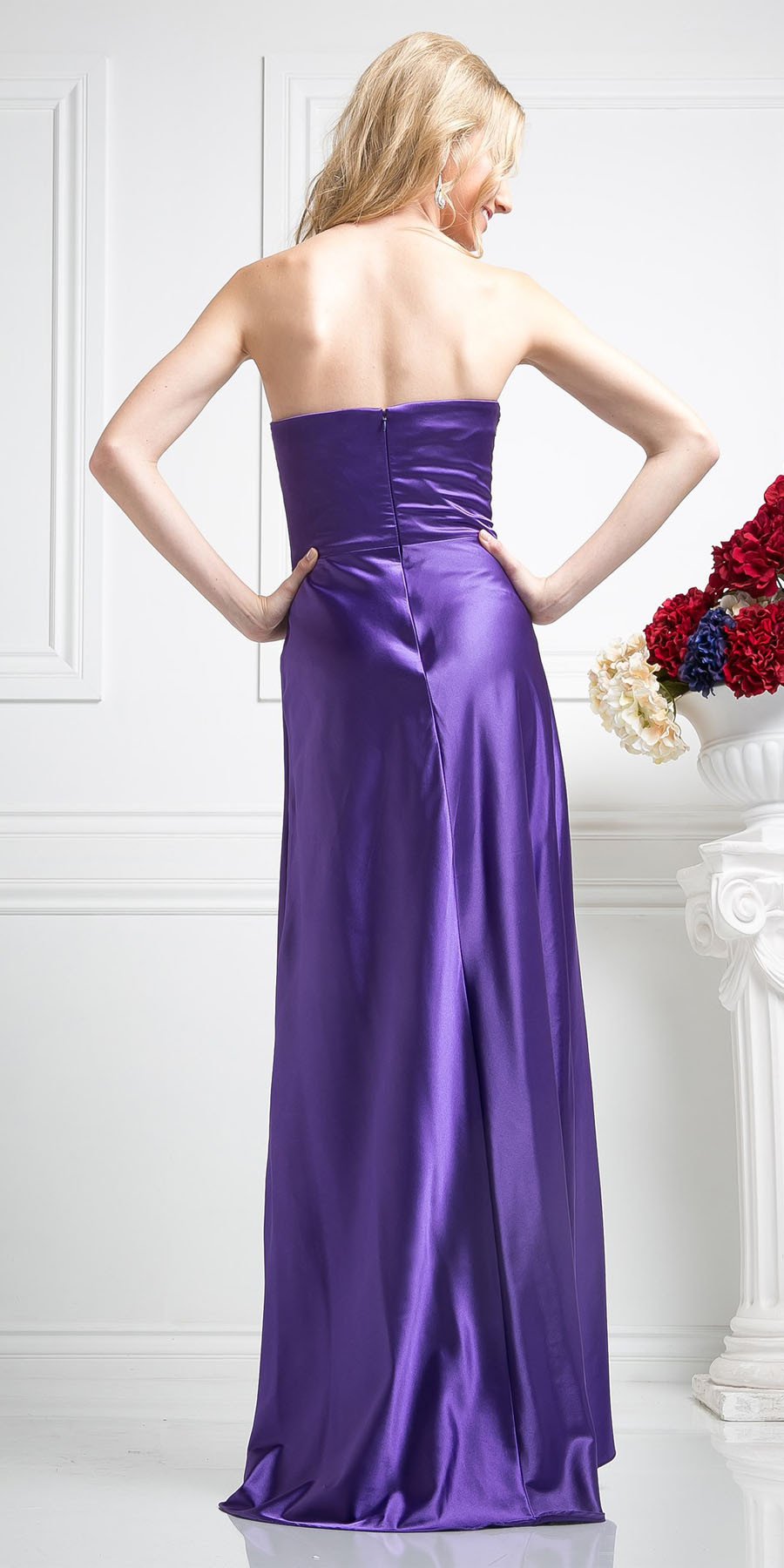 CLEARANCE - Long Strapless Purple Dress Satin Rhinestone Pleated Bodice