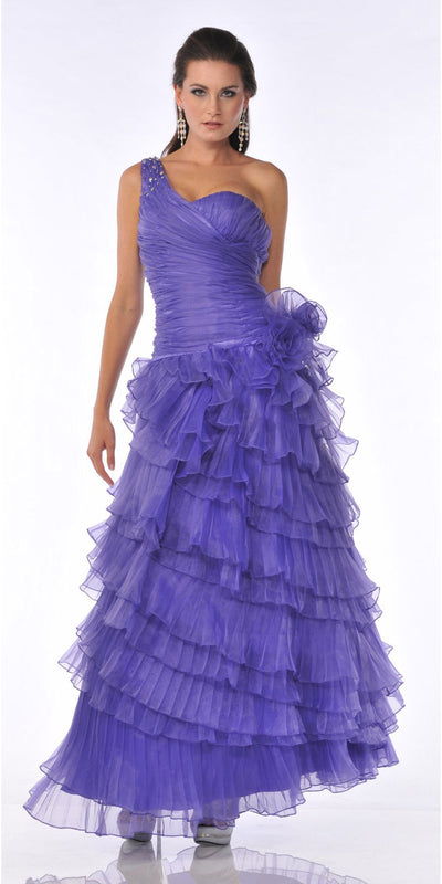 Rhinestone One Shoulder Strap Ruched Layered Blue Formal Dress